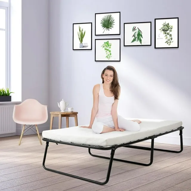 Folding Bed with Mattress for Adults, Rollaway Bed with Mattress for Adults, Metal Bed Frame with Memory Foam Mattress, Portable Bed for Adults & Kids(75" x 31"x14")