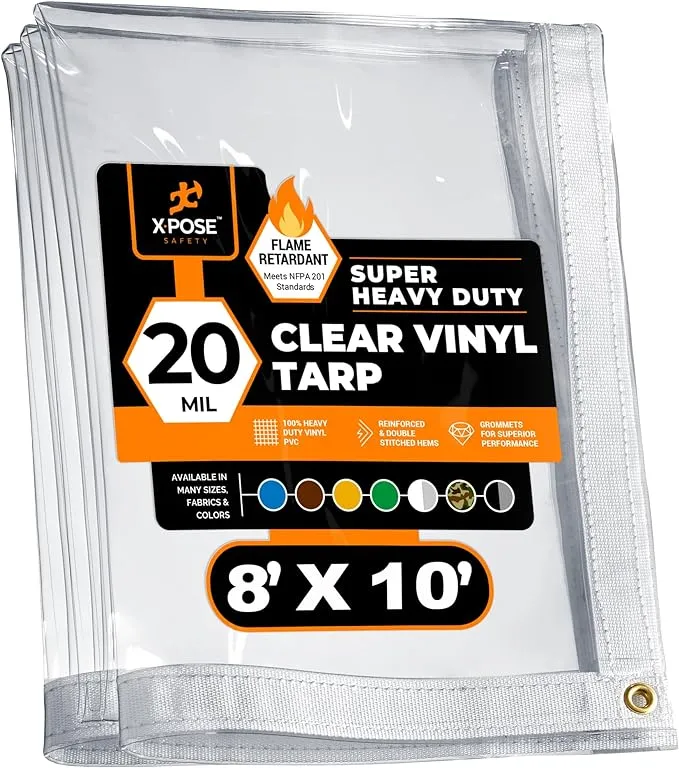 8' x 10' Clear Vinyl Tarp - Fire Retardant 20 Mil Super Heavy Duty Transparent Waterproof PVC Tarpaulin with Brass Grommets - for Patio Enclosure, Temporary Wall, Multipurpose - by Xpose Safety