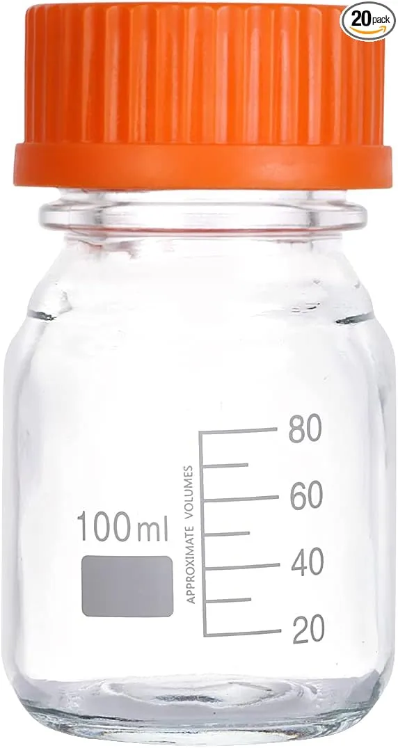 Pastein 20 Pieces 100ml Round Media Glass Bottle Graduated Storage Jar with GL45 ...