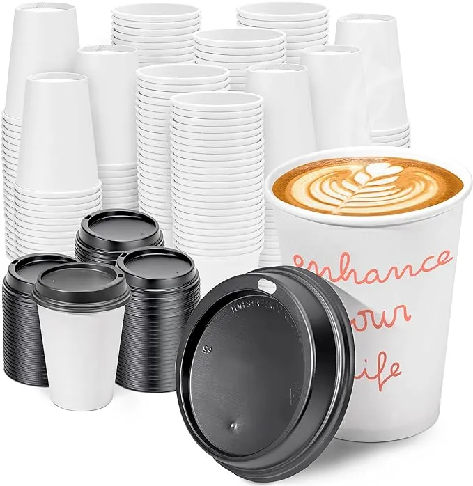 [100 Pack] 12 oz Disposable Paper Coffee Cups with Black Lids, to Go Coffee Cups ...