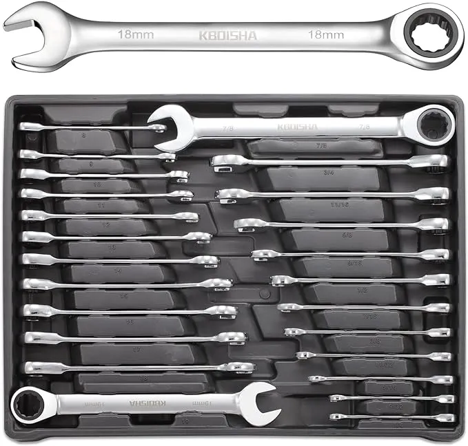 kboisha 24-Piece Ratchet Wrench Set, 72-Tooth Ratcheting Combination Wrench Set with Metric & SAE 8-19mm and 1/4" to 3/8" CR-V Standard Wrench Set with Organizer Box