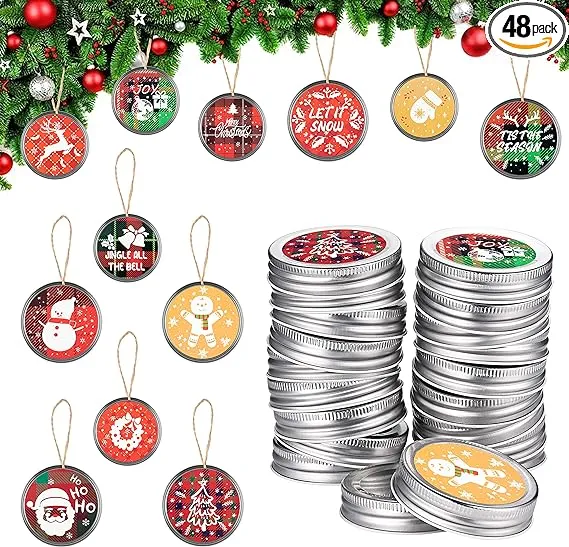 Haooryx 48Pcs Christmas Mason Jar Canning Lid Stickers for Christmas Tree Decorations, Round Self-adhesive Stickers for Metal Bottle Jar Lid Tree Hanging Decor Farmhouse Xmas Party Supplies (2 Size)