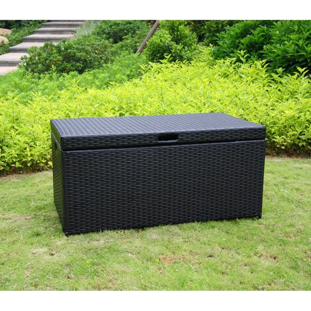 Jeco Wicker Outdoor Storage Deck Box 110 Gal. Capacity Bohemian Resin Black