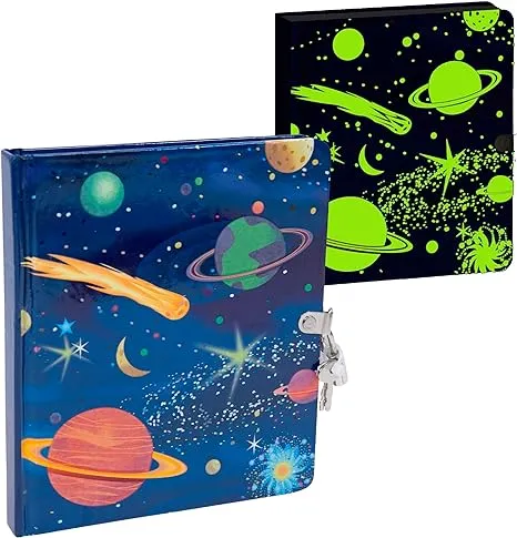 Peaceable Kingdom Deep Space Glow in the Dark 6.25" Lock and Key, Lined Page Diary for Kids