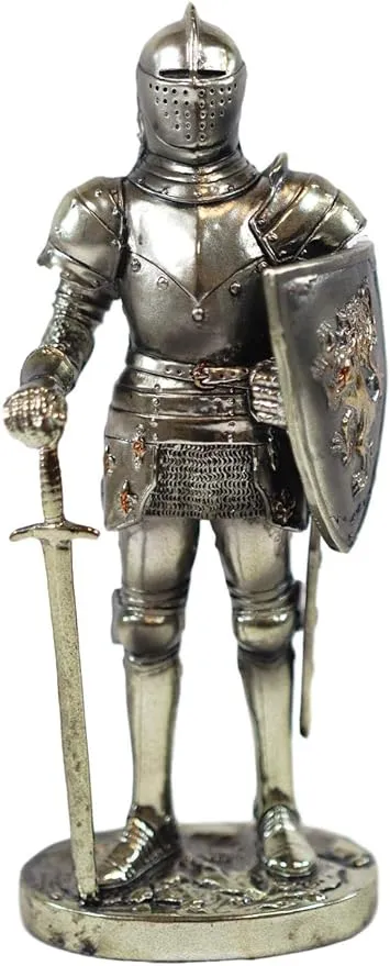 Ebros Sir Geoffrey English Champion Knight Statue 7" Tall Lion Heraldry Shield Valiant Combat Warrior Suit of Armor Figurine