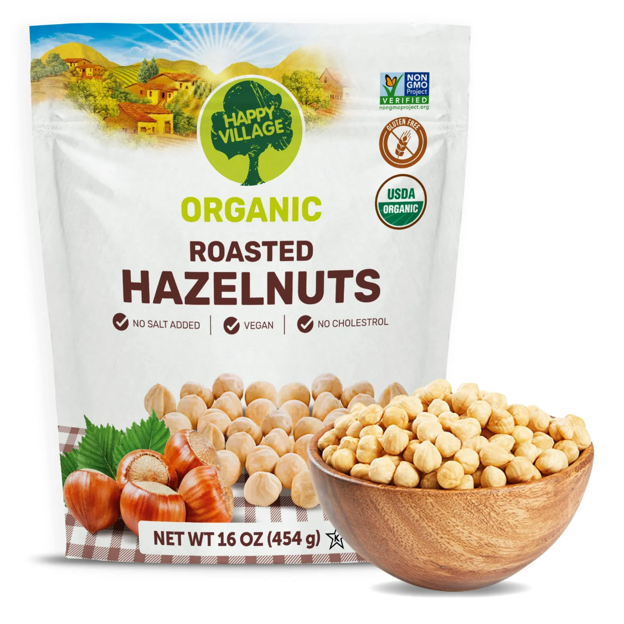 Happy Village Organic Roasted Hazelnuts, 16 OZ Relealable Pack - Unsalted Turkish Filberts, Kosher, Non-GMO, Gluten Free Organic Filbert Nuts