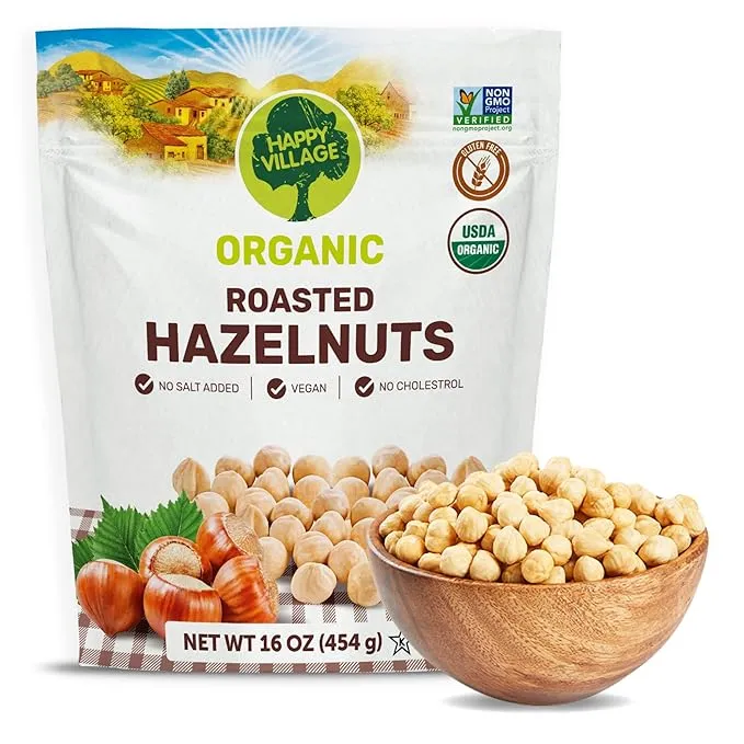 Happy Village Organic Roasted Hazelnuts, 16 oz Relealable Pack - Unsalted Turkish Filberts, Kosher, Non-GMO, Gluten Free Organic Filbert Nuts