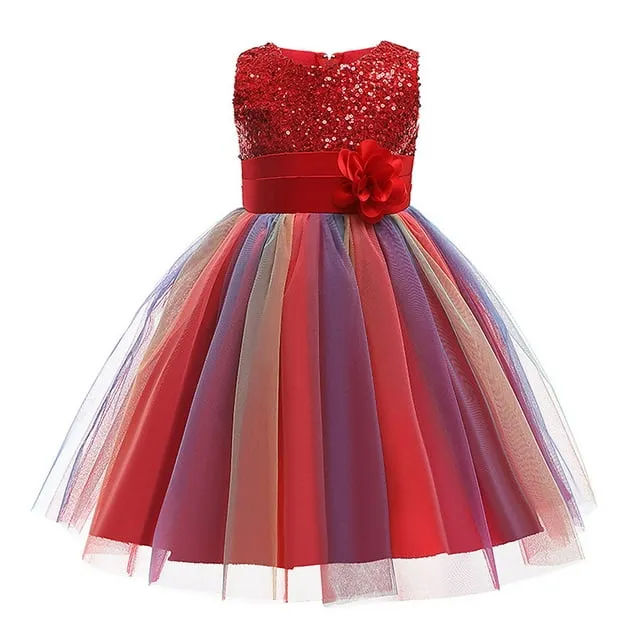 HAWEE Flower Girls Sequin Dress Rainbow Tutu Birthday Party Princess Dress Pageant Gown for Age 3-10 Years Old