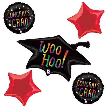 Woo Hoo Congrats Grad Cap Holographic School 5pc Balloon Pack Red Black