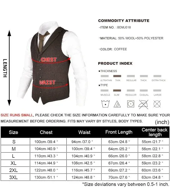 VOBOOM Mens Herringbone Tailored Collar Waistcoat Fullback Wool Tweed Suit Vest