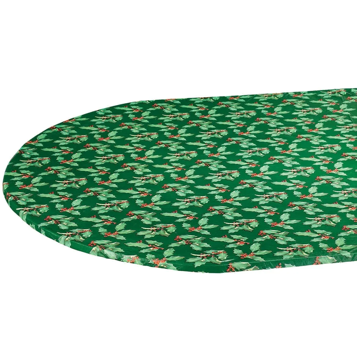 Fox Valley Traders Green Holly Holiday Vinyl Elasticized Table Cover, Green, 42" x 68" Oval/Oblong