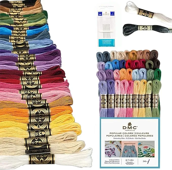 DMC Embroidery Floss Pack, Popular Colors, DMC Embroidery Thread, DMC Floss Kit Include 36 Assorted Color Bundle with DMC Mouline Cotton White/Black and DMC Cross Stitch Hand Needles.