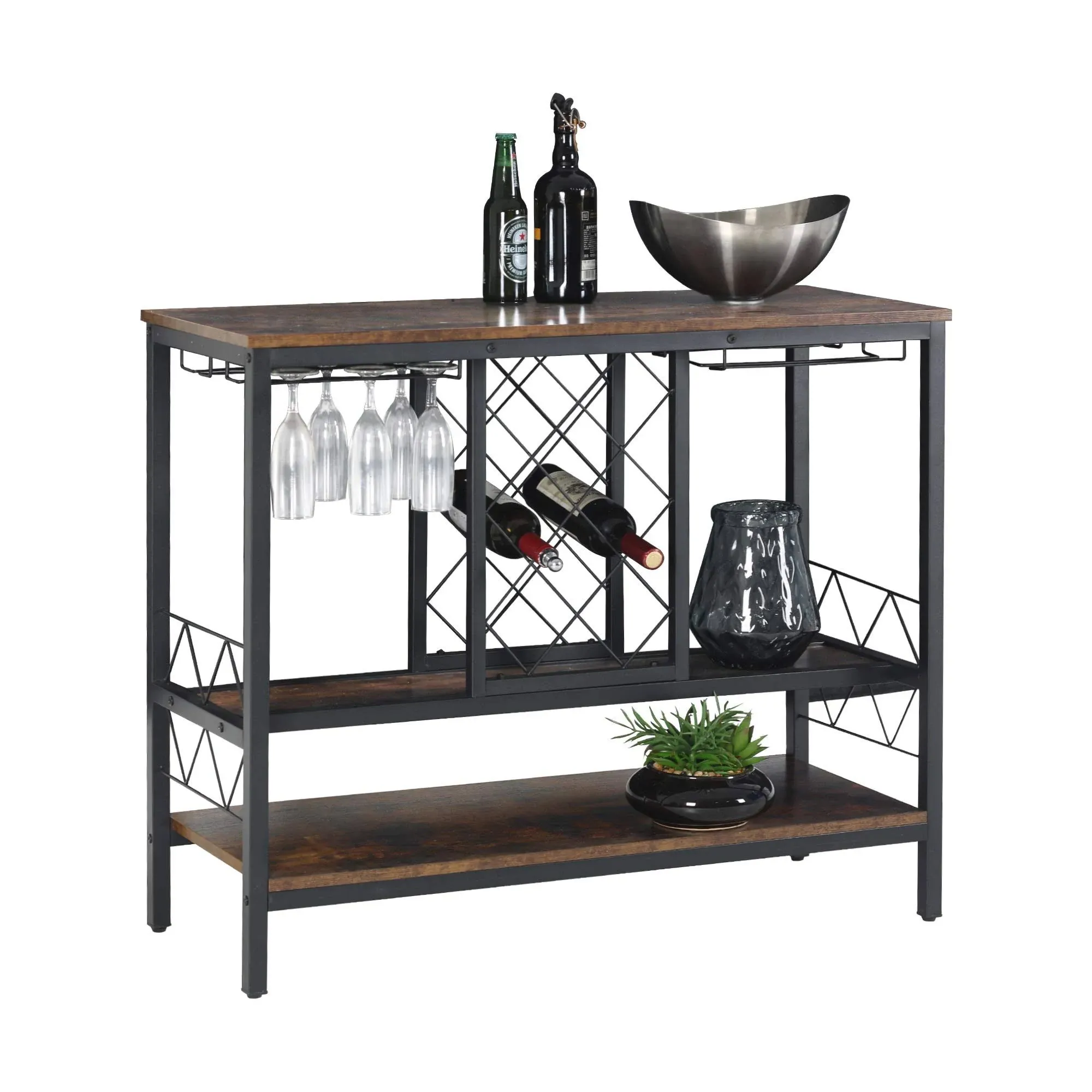 Wine Rack Table with Glass Holder Vintage Industrial Wine Bar Cabinet Free Stand