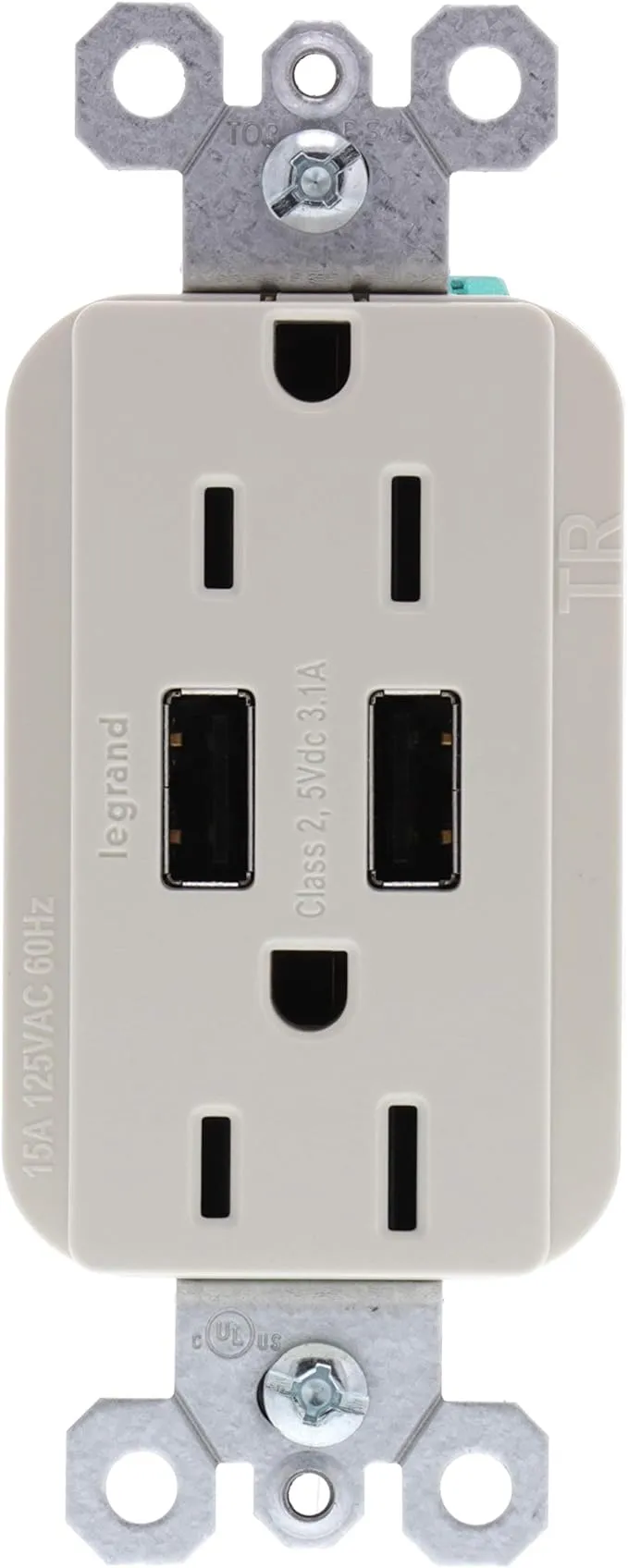 Legrand radiant 15 Amp 125 Volt Duplex Outlet with 3.1 Amp USB, Light Almond