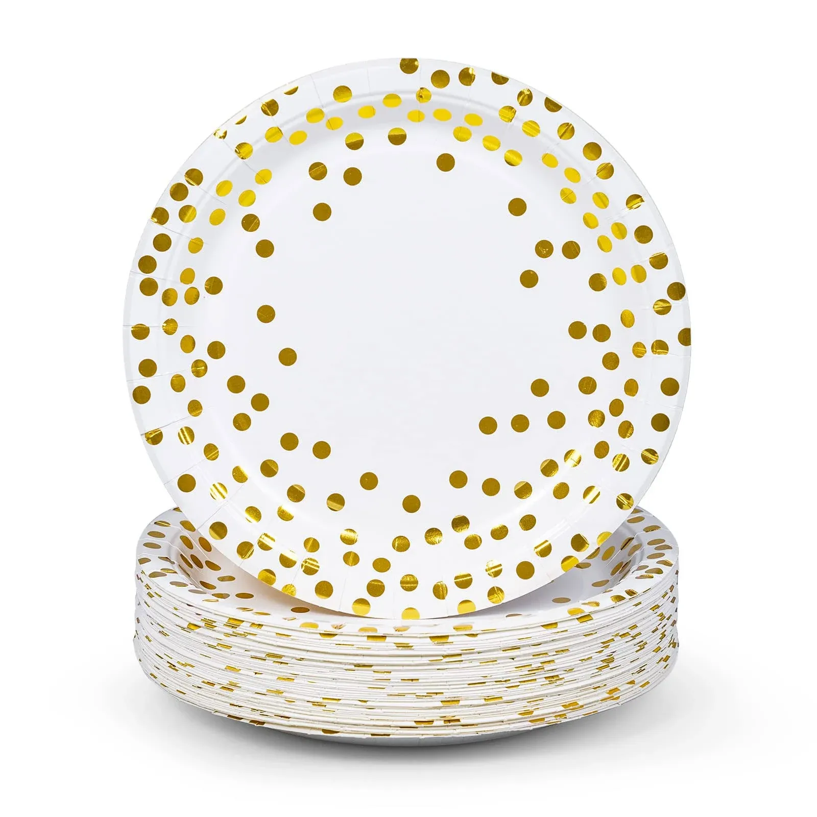 MATICAN Party Paper Plates, 50-Pack Disposable White and Gold Plates, Foil Polka Dots, 9-Inch