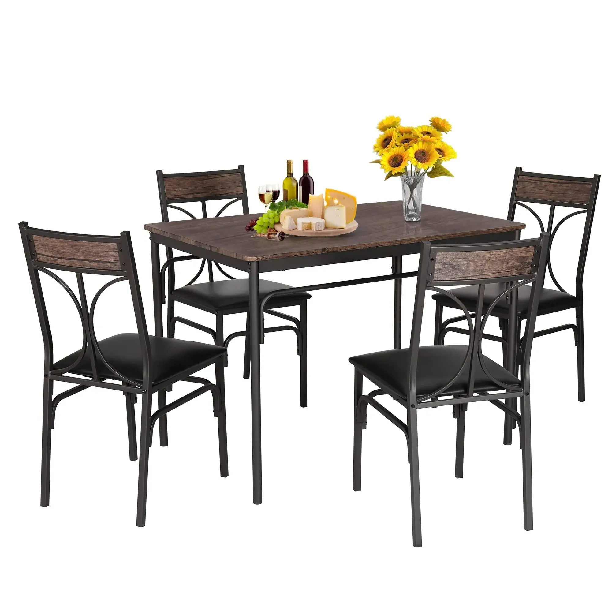 VECELO 5 Piece Kitchen Table Set for Dining 4, Vintage Brown 