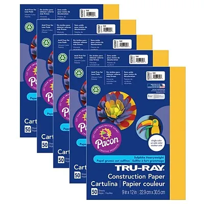 Tru-Ray® Construction Paper, Gold, 9" x 12", 50 Sheets Per Pack, 5 Packs (PAC102997-5)