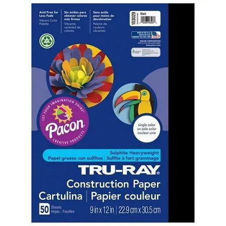 Tru-Ray 9 x 12 Construction Paper Black 50 Sheets/Pack 5 Packs/Bundle (PAC103029-5)