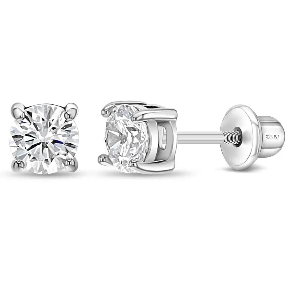 Girls' Classic Setting Solitaire Screw Back Sterling Silver Earrings - 4mm - in ...