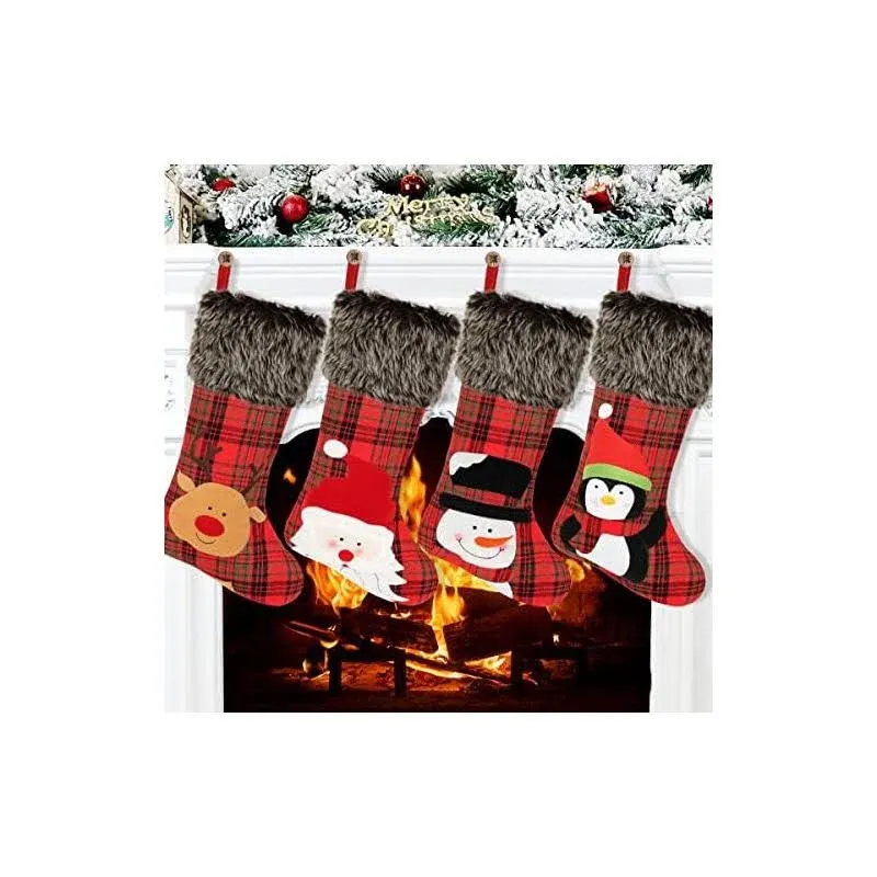 18&quot; Plaid Large Stockings Set of 4 Xmas Character