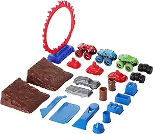 Dazmers Monster Truck Sand Play Set Sensory Kit, Sensory Bins with Lid, 2 Lbs of Sand, Jumps, Crushed Cars and Trucks, Indoor Sensory Bin for 3-4, 5 Year Old, Toddlers Sand Table