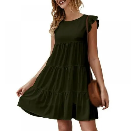 Women s Summer Dress Sleeveless Ruffle Sleeve Round Neck Mini Dress Solid Color Loose Fit Short Flowy Pleated Dress