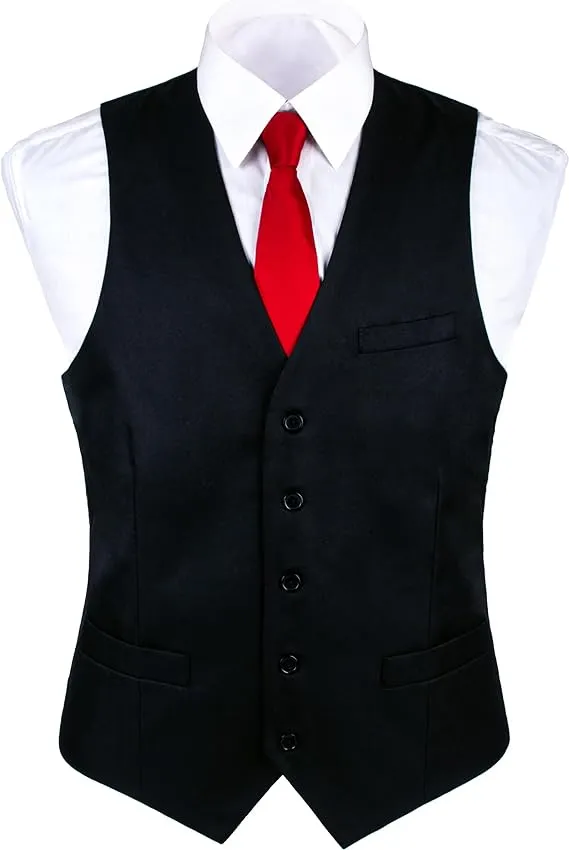 boxed-gifts Men Formal Suit Vest, Polly Twill Vest with Adjustable Waistband. Black, Small