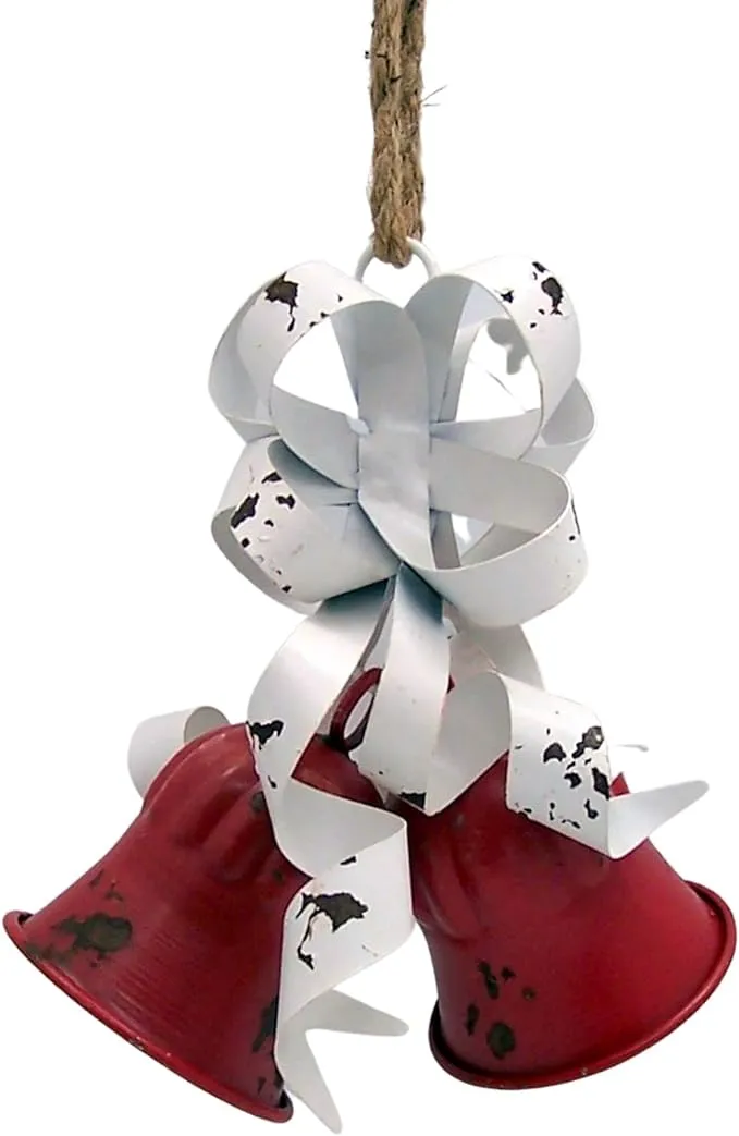 Red Christmas Bells with a White Metal Ribbon, Hanging Holiday Decoration, 9 Inches