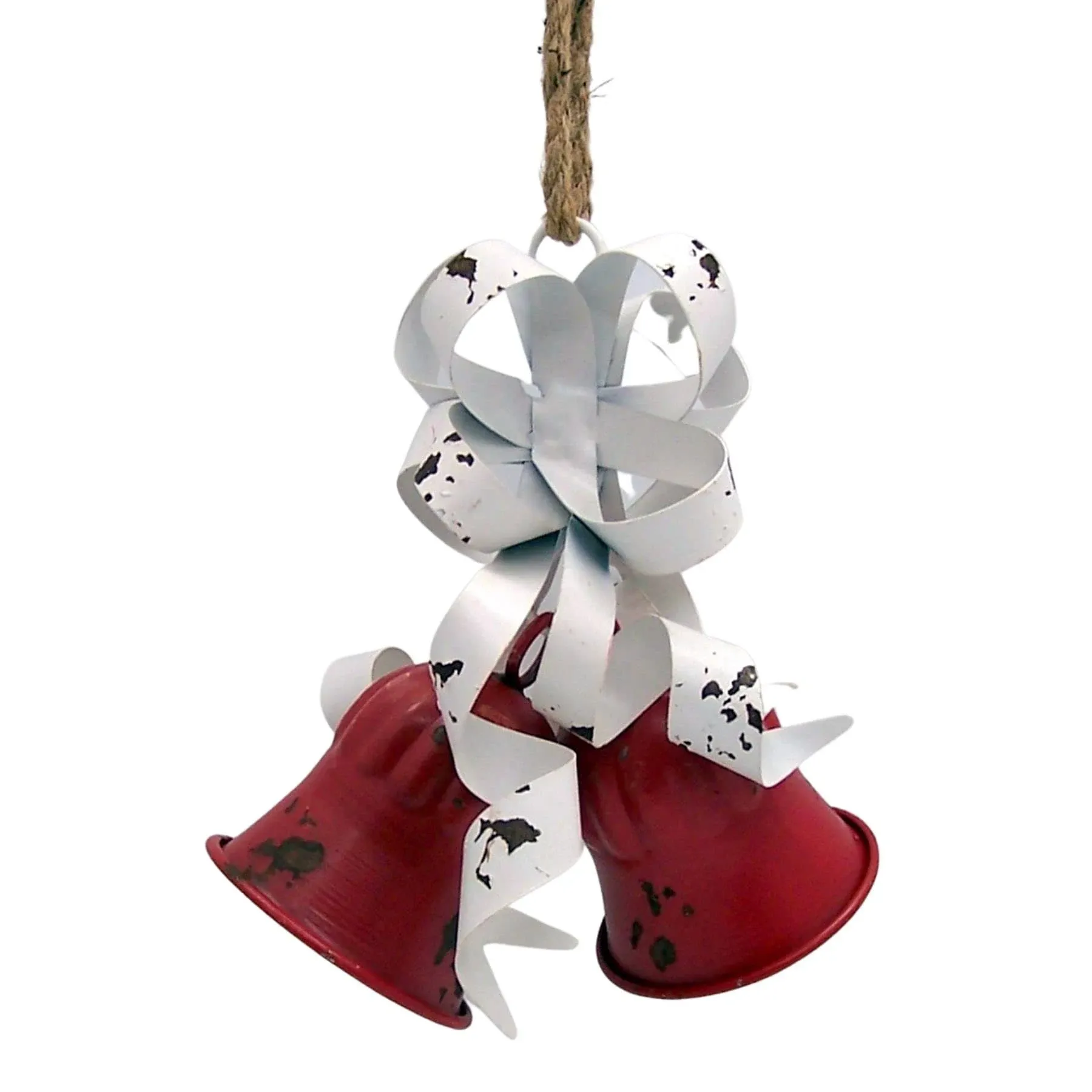 Red Christmas Bells with a White Metal Ribbon, Hanging Holiday Decoration, 9 Inches