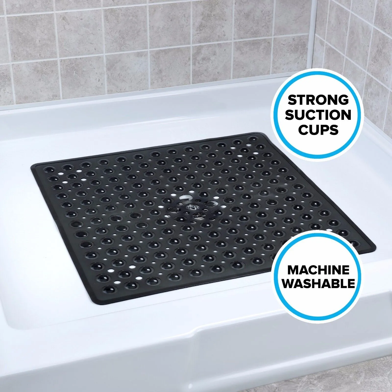 Large Non-Slip Shower Mat with Drain Holes: Black Square Shower Mat