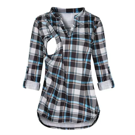 SHENGXINY Fashion Nursing Tops For Women Breastfeeding Long Sleeve Plaid V Neck Maternity Clothes Autumn Casual Pregnancy Shirts