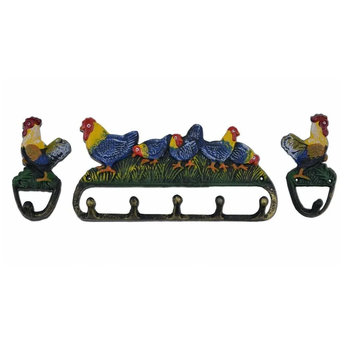 Rooster & Chickens Wall Hook 3 Piece Set - Colorful Painted Cast Iron