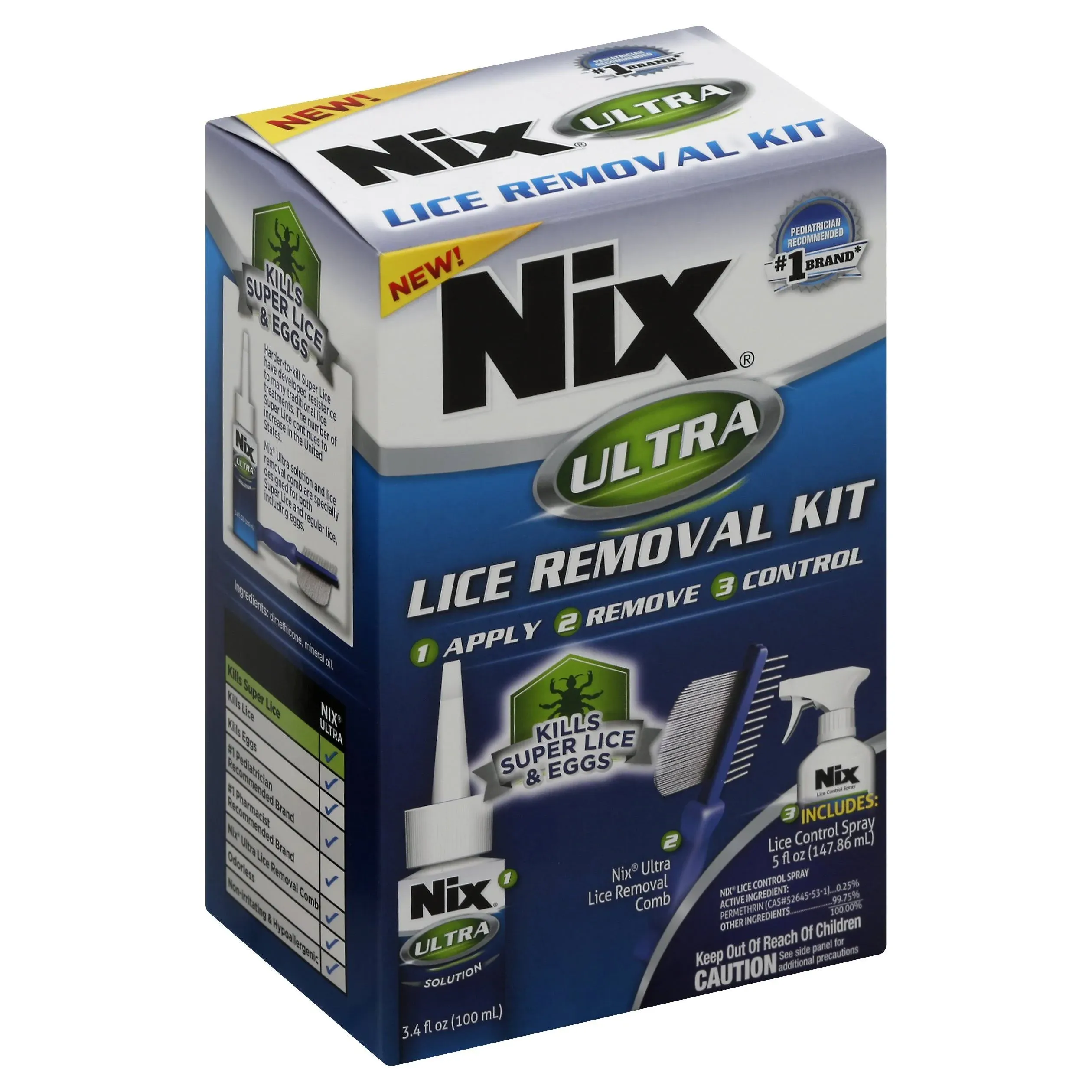 Nix Ultra Lice Removal Kit, Lice Treatment Hair Solution, 3.4 fl oz & Lice Removal Comb, Home Defense Lice and Bedbug Killing Spray, 5 fl oz