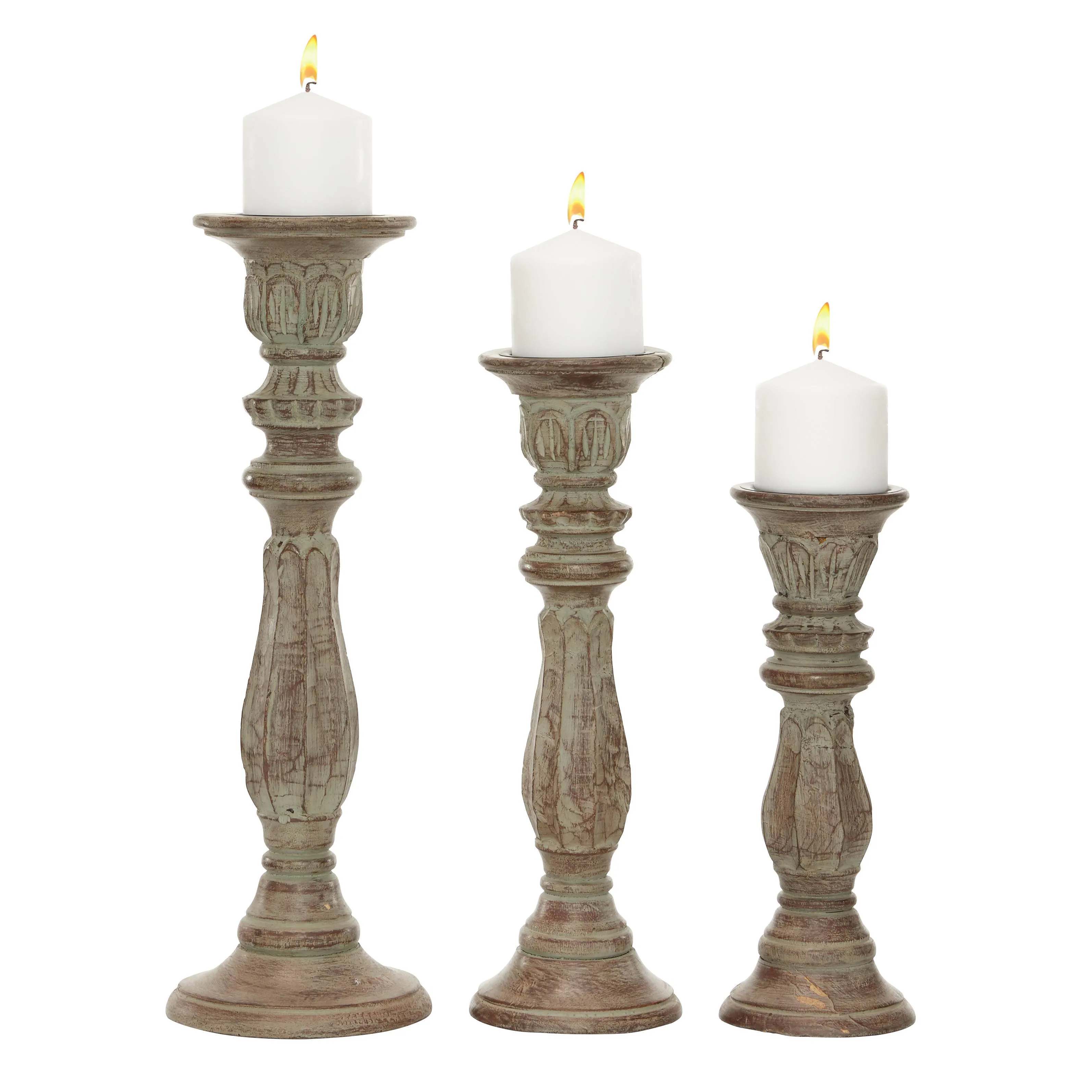 Deco 79 Traditional Mango Wood Candle Holder, 3 PIECES CONVENIENTLY SIZED, Brown