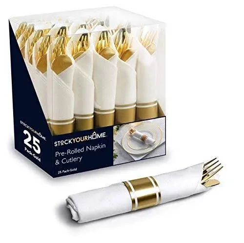 Stock Your Home Pre- Rolled Dinner Napkins and Cutlery Set 25 Pack Gold