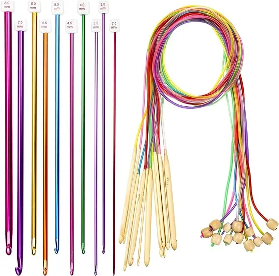 23 Pieces Tunisian Crochet Hooks Kit Including 12pcs 3-10 mm Bamboo Knitting Needle with Bead Carbonized Bamboo Needle + 11pcs 2-8 mm Multi Color Tunisian Afghan Aluminum Crochet Hooks