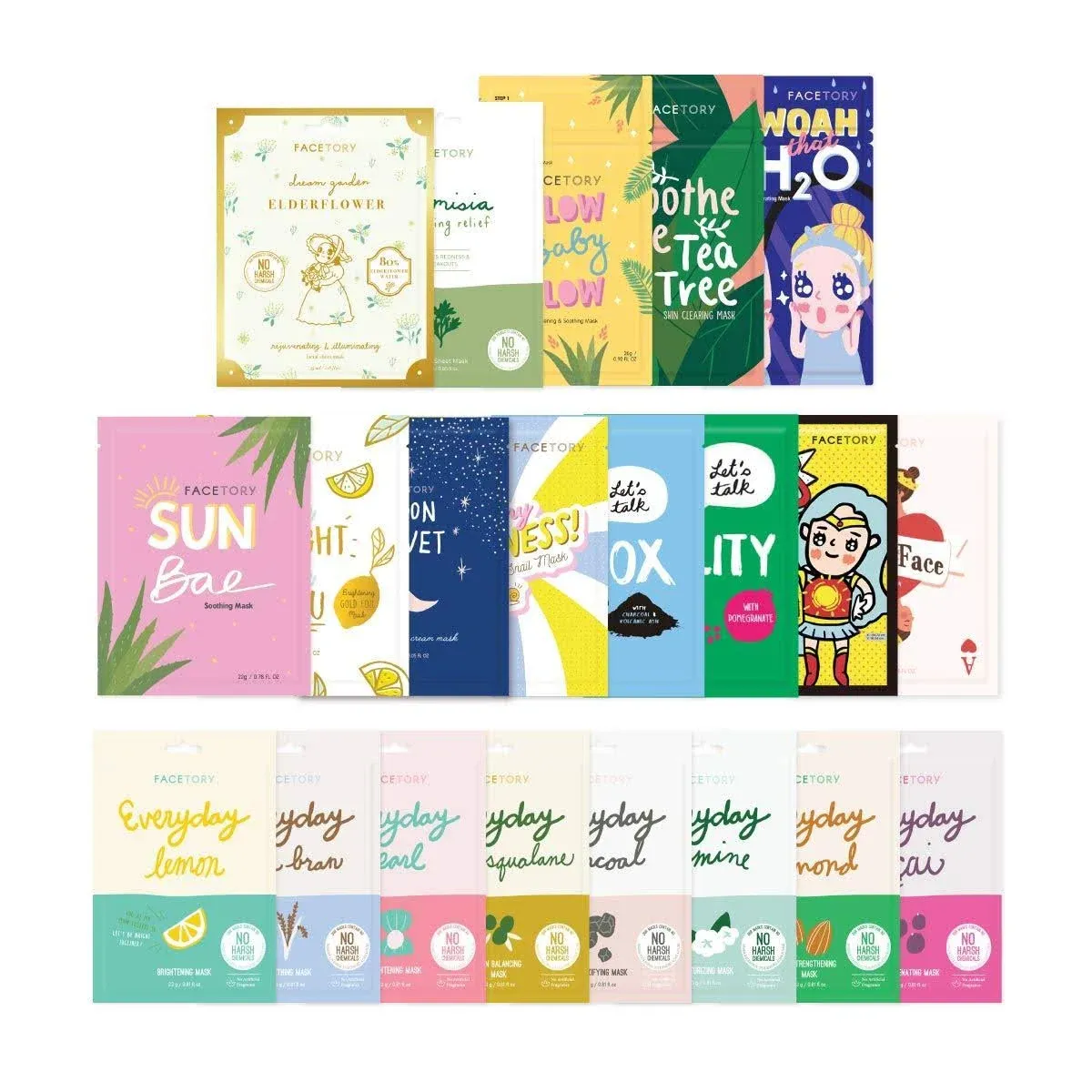 FACETORY Face Sheet Mask Bundle with 21 Facial Skin Care Sheet Masks