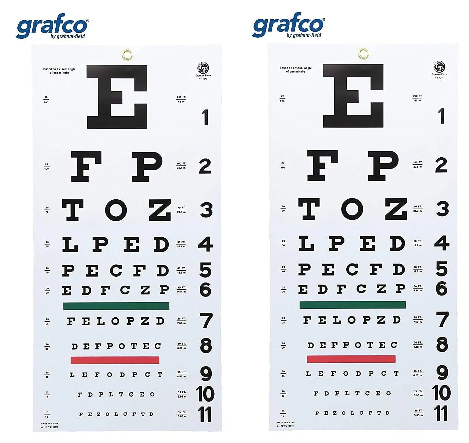 Graham-Field Grafco 1240 Snellen Hanging Eye Chart, 20' Distance, Non-Reflective, Matte Finish with Green and Red Color Bar (2 Pack)