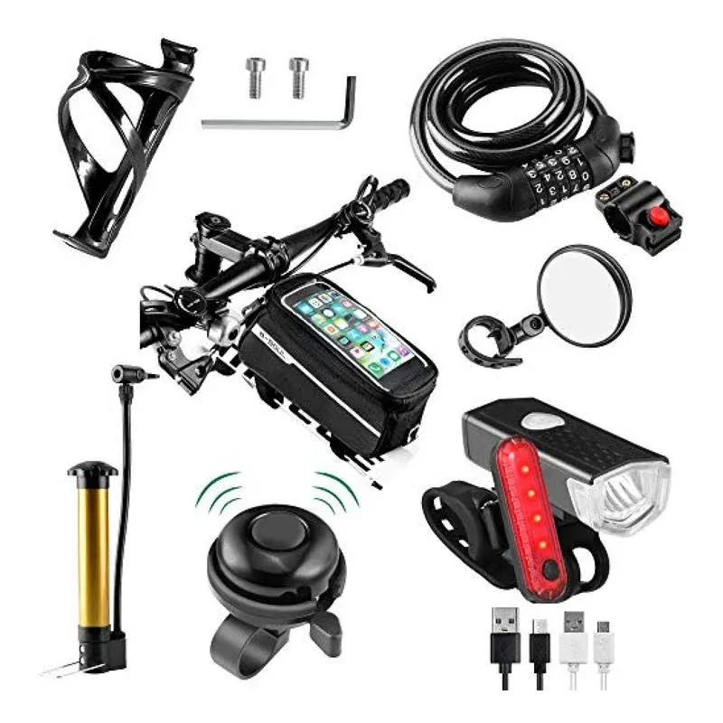 8 Pack Bicycle Accessories, Bike Light Set USB Rechargeable, 1 Bike Water Bottle Holder, Bike Bag and 1 Bike Aluminum Bicycle Bell,Pump