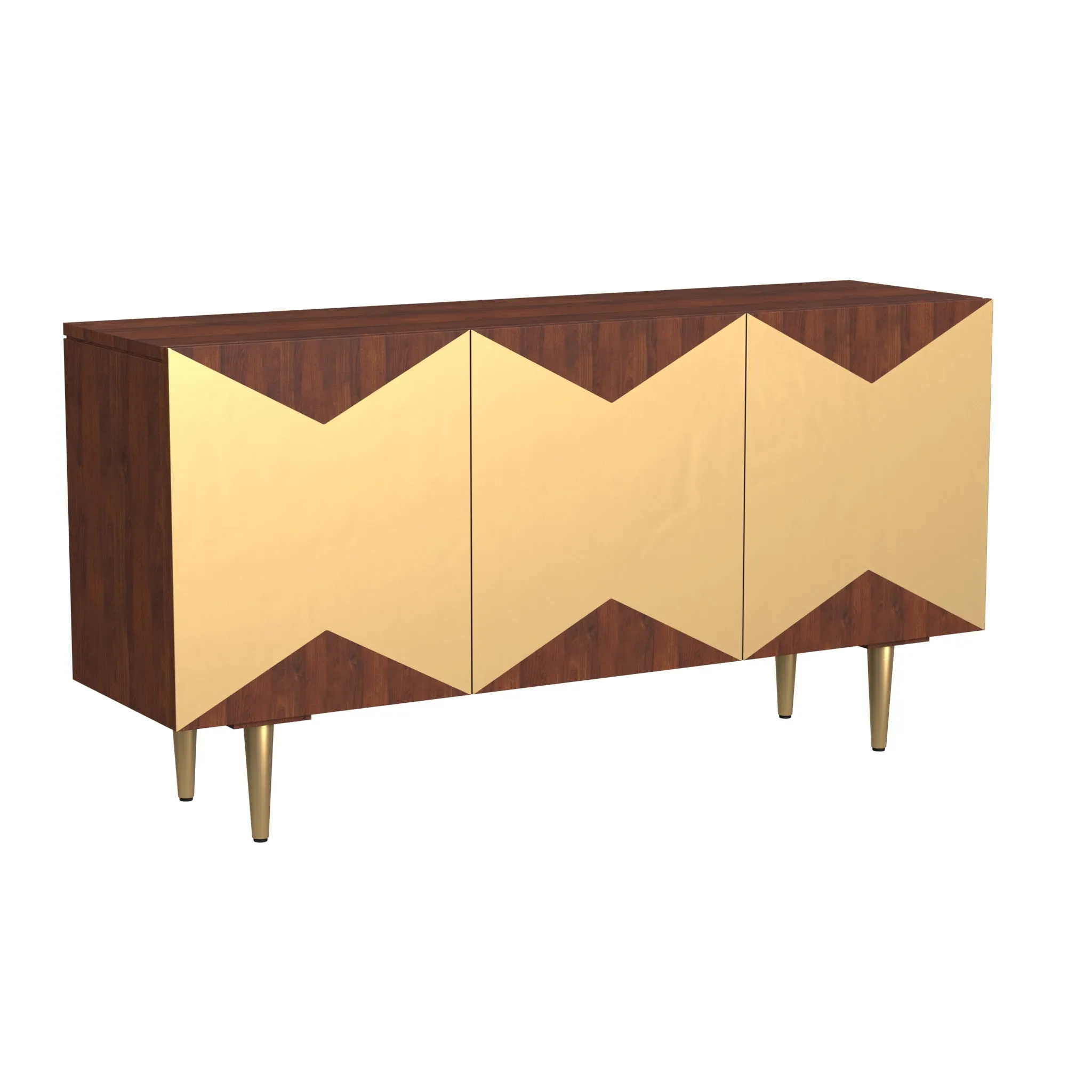 Powell Chadford Mid-Century Modern 3-Door Wood Indoor Console Table with Shelves, Brown with Gold Accents