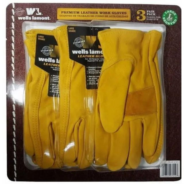 Wells Lamont Men&#039;s LARGE Work Gloves 100% Premium Cowhide Leather — 3 Pairs