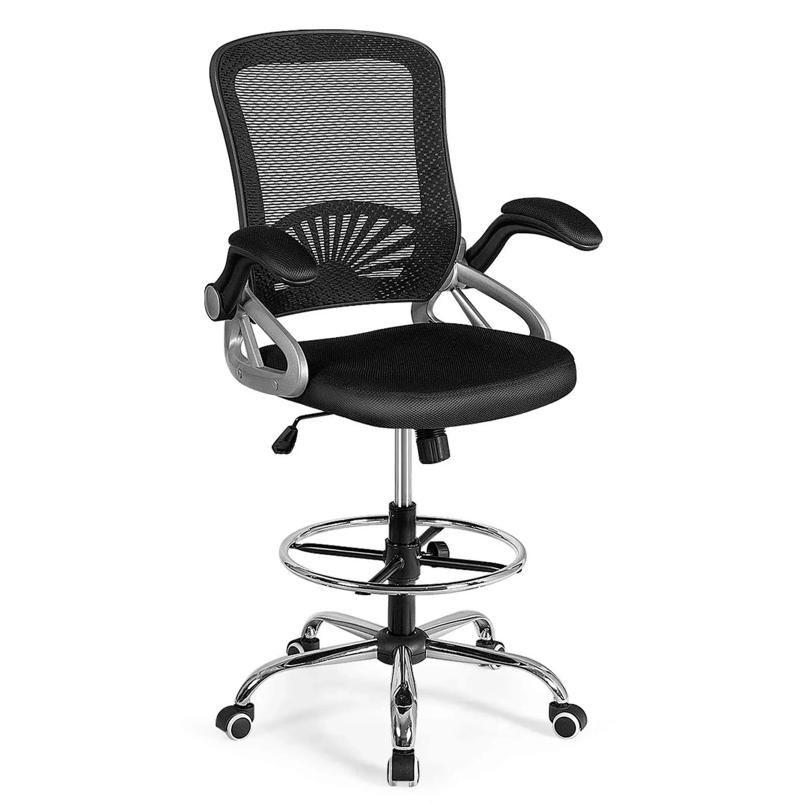 Ergonomic Mid Back Mesh Drafting Chair Office Chair Flip-Up Arm Adjustable Black