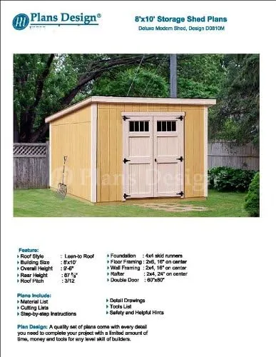 Modern Roof Style 8' x 10' Deluxe Shed Plans, Design #D0810M, Material List and ...