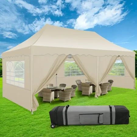 SANOPY Canopy 10' x 20' Pop up Canopy Tent Heavy Duty Waterproof Adjustable Commercial Instant Canopy Outdoor Party Canopy with 6 Removable Sidewalls, Carry Bag, 4 Sandbags, Khaki