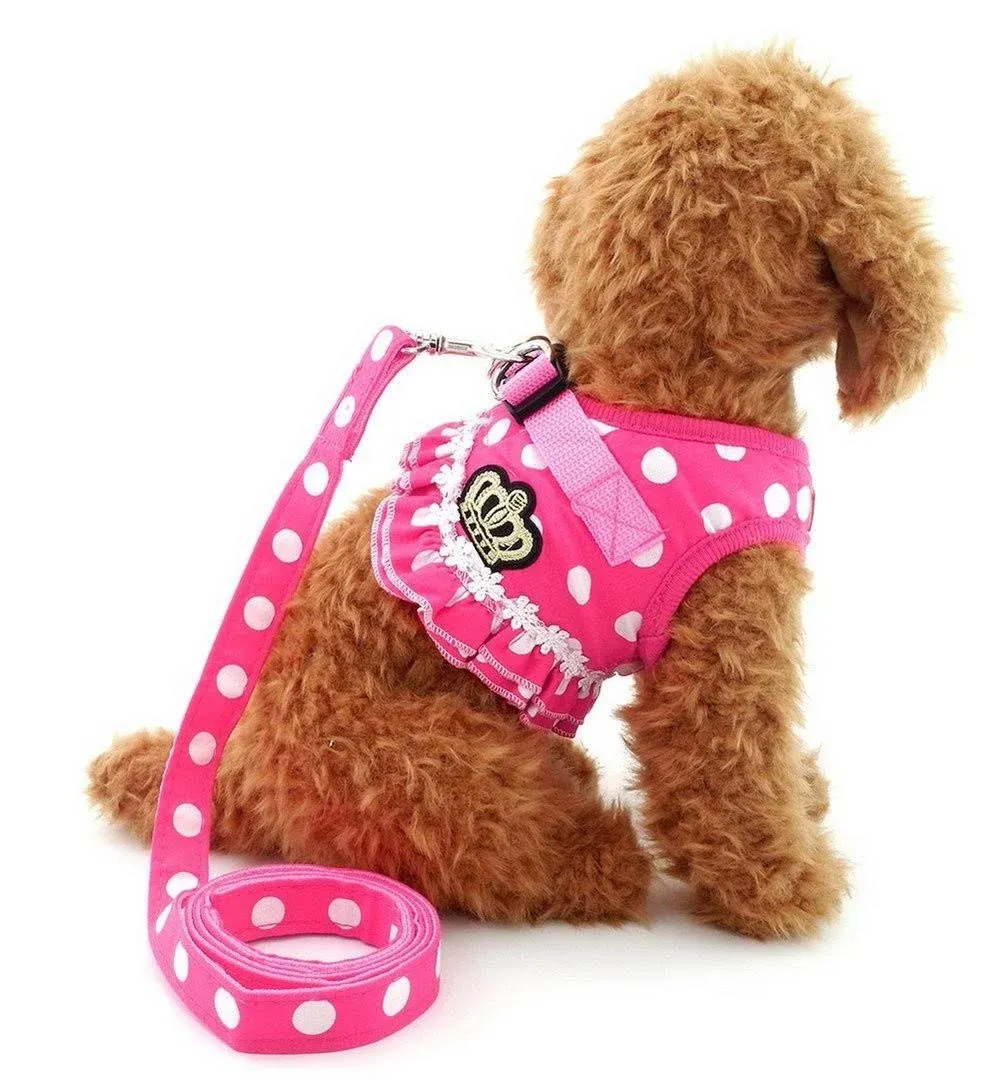 SELMAI Puppy Small Dog/Cat Dots Vest Harness Leash Set Mesh Padded No Pull Lead Pink S