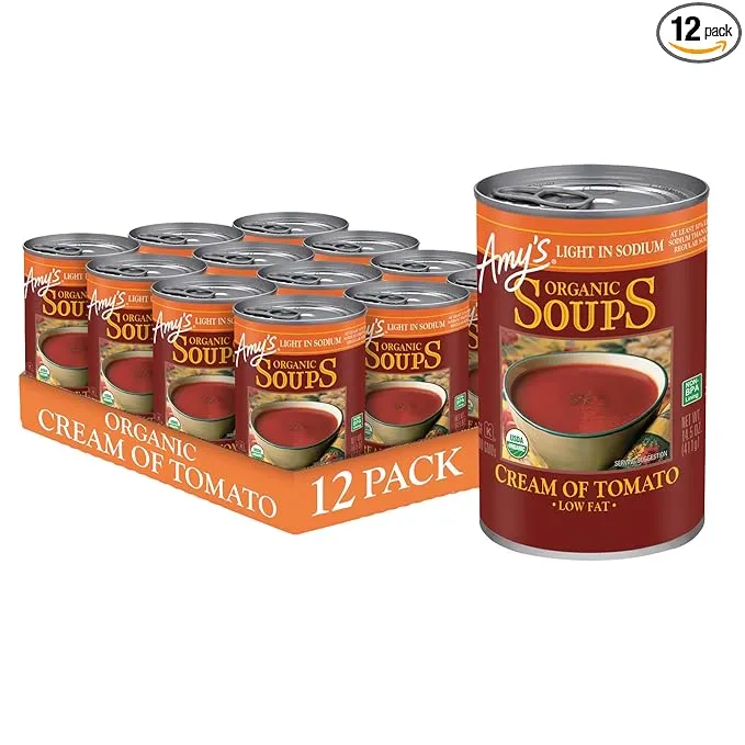 Amy’s Soup, Cream of Tomato Soup, Gluten Free, Light in Sodium and Low Fat, Made With Sun-Ripened Tomatoes, Canned Soup, 14.5 Oz (12 Pack)