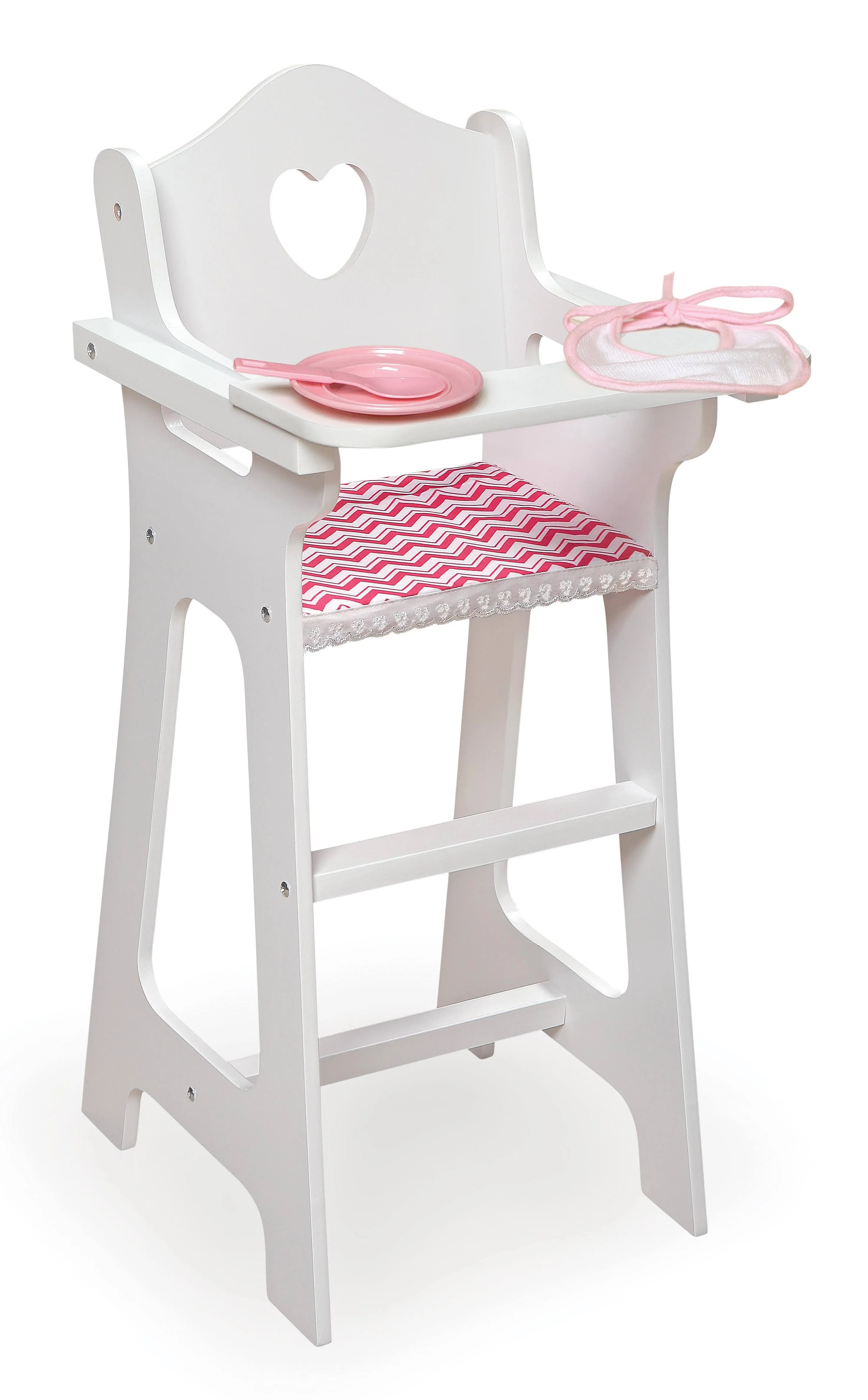 Badger Basket Chevron Doll High Chair with Plate, Bib, and Spoon – Ideal for Feeding 18-Inch Dolls in White and Pink