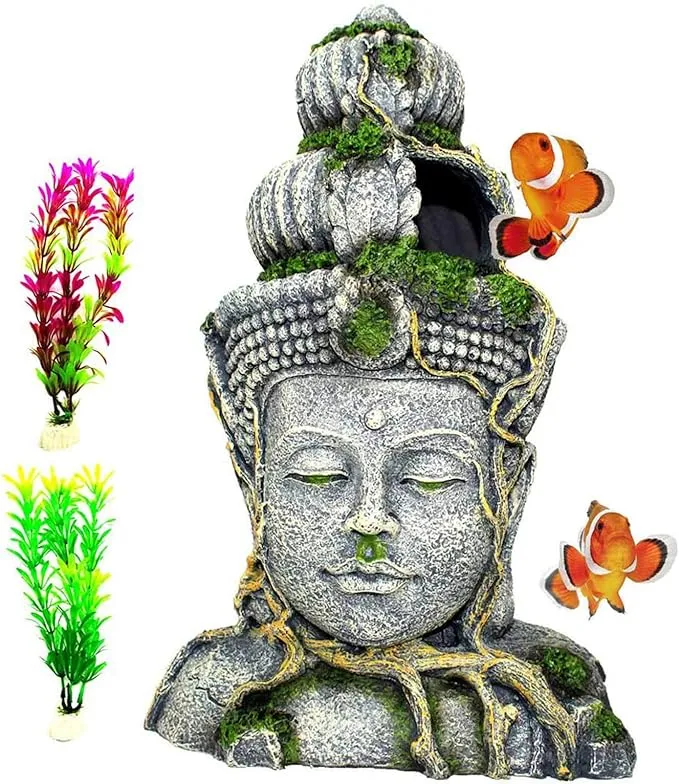 PINVNBY Aquarium Buddha Head Statue Decorations,Fish Tank Resin Large Buddha ...