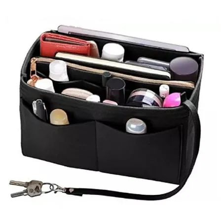 Purse Organizer Insert with Zipper Felt Bag Organizer Handbag Organizer Insert Bag In Bag Organizer with Key Chain for Tote Fits LV Speedy Neverfull Longchamp 12.60X5.90X6.70 Inches