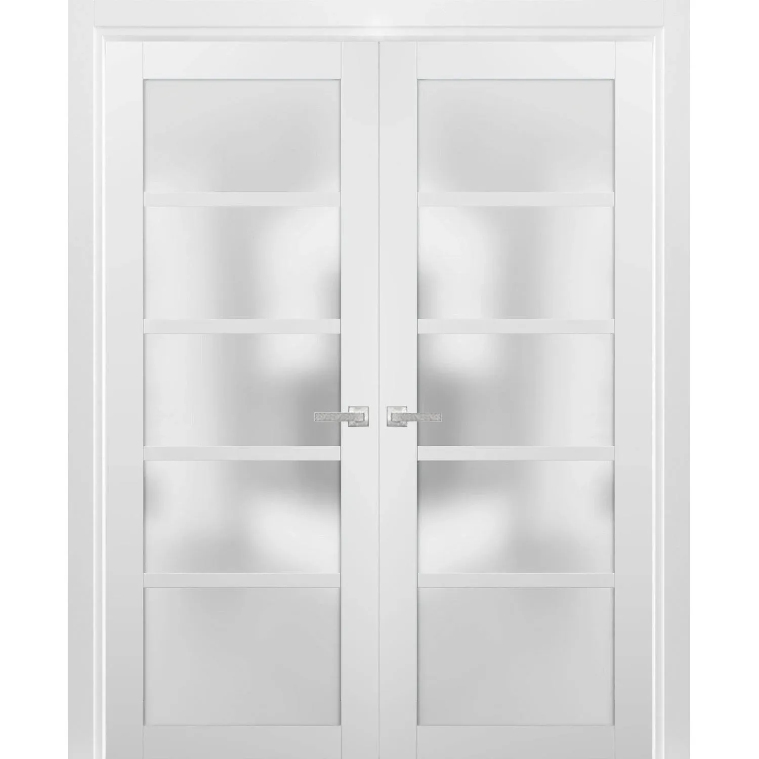 SARTODOORS French Double Panel Lite Doors 72 x 80 with Hardware | Quadro 4002 White Silk with Frosted Opaque Glass | Panel Frame Trims | Bathroom Bedroom Interior Sturdy Door